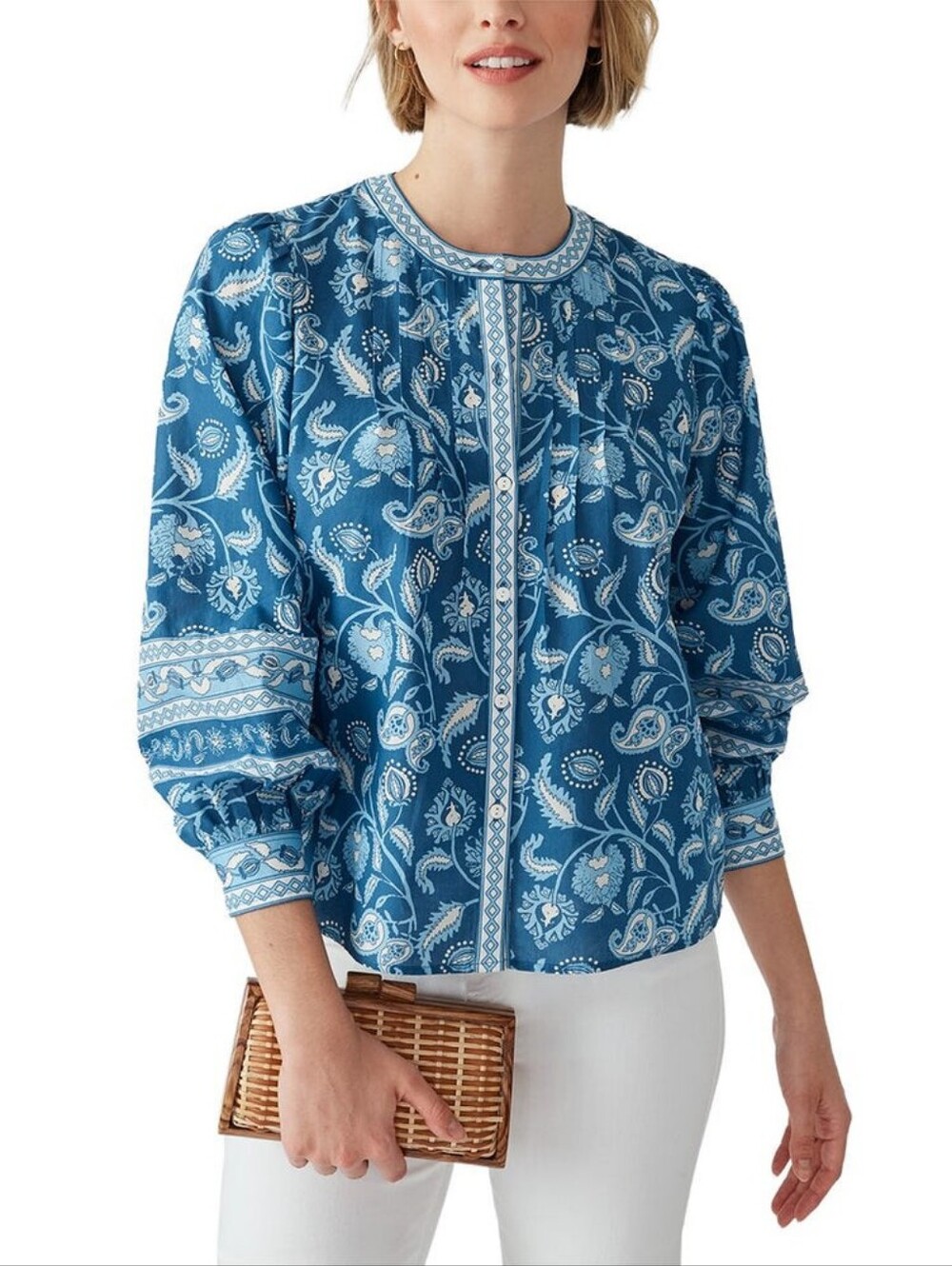 J. McLaughlin Gisella Blouse Blue And White Paisley Button Front Size Large